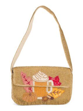 Viral Beaded Shoulder Bag by Sol and Mer Autumn Drink and Leaves Motif Tan NWT